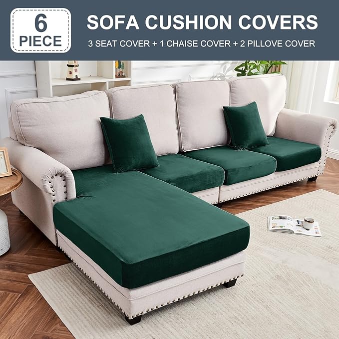 Couch Cover 4-Piece Elastic Velvet Couch Cushion Covers & Chaise Slipcovers for L-Shaped Sofas, Sofa Seat Covers Washable, Soft Cover for Couches (3 Seater + Chaise, Christmas Green)