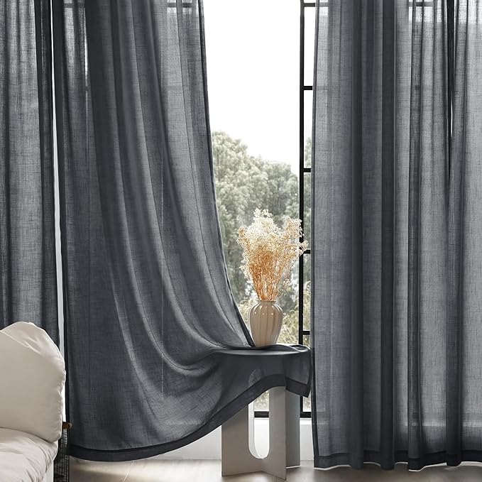 Dark Gray Curtains for Living Room Back Tab Modern Farmhouse Semi Sheer Gray Curtains 102 inches Long 2 Panels Set Muted Neutral Window Curtain for Dining Room Bedroom 52x102