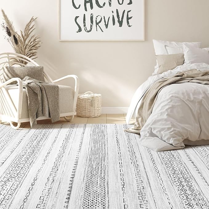 Nakagishi Area Rug Living Room Rugs: 5x7 Machine Washable Boho Large Neutral Farmhouse Stain Resistant Moroccan Indoor Floor Carpet for Bedroom Nursery Dorm Classroom Playroom Dining Room House- Grey