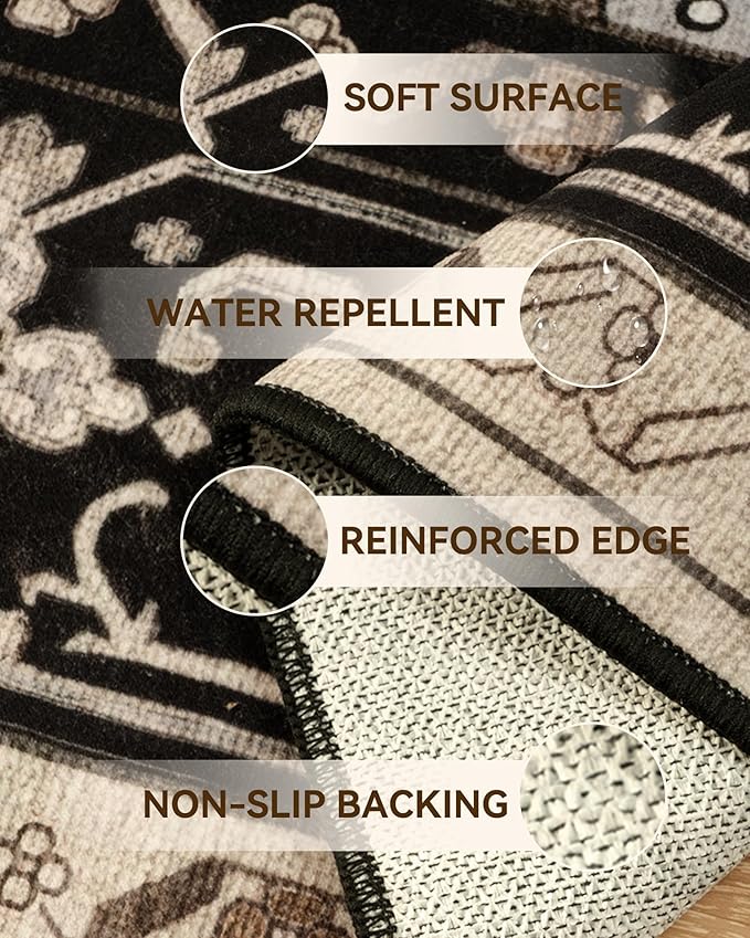 RELEANY Area Rugs 8'x10' Washable Non-Slip, Floral Vintage Distress Print Pattern Medallion Carpet for Living Room Bedroom Dining Room, Black Brown Neutral Dark Tan