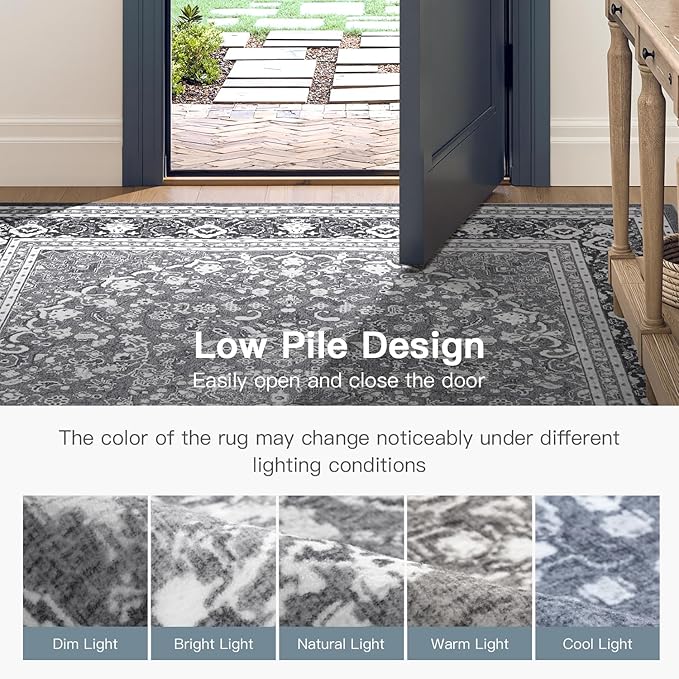 Lofus 5x7 Area Rugs for Living Room, Machine Washable Non-Slip Area Rug, Low Pile Large Rugs for Bedroom, Kitchen, Dining Room, Home Office, Vintage Oriental Print Rug, Light Grey with White
