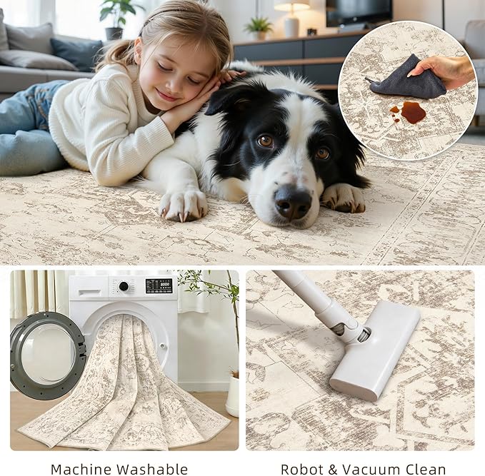 6x9 Area Rugs for Living Room: Vintage Boho Neutral Washable Rug Indoor Soft Large Area Rug Carpet for Bedroom Nursery Farmhouse Dining Room Office Floor Non-Slip Low Pile Under Table Rug Beige/Ivory