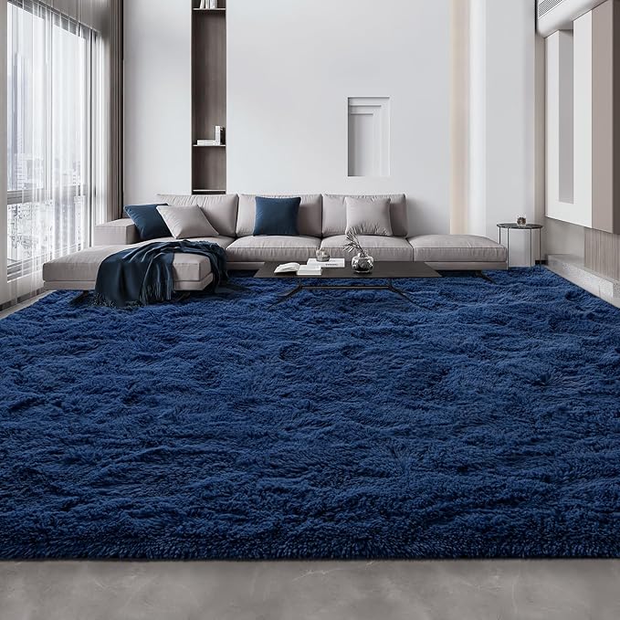 Deerhoo Large Shag Area Rugs 10 x 14, Plush Fuzzy Rugs for Living Room, Ultra Soft Fluffy Furry Rug for Bedroom, Anti-Skid Indoor Solid Carpet Nursery Rugs for Kids Room Home Decor, Navy Blue