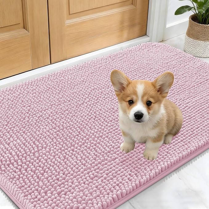 OLANLY Dog Door Mat for Muddy Paws 24x16, Absorbs Moisture and Dirt, Absorbent Non-Slip Washable Doormat, Quick Dry Chenille Mud Mat for Dogs, Entry Indoor Entryway Carpet for Inside Floor, Dusty Rose