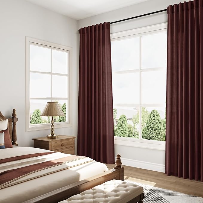 Nanspring Reddish Brown Linen Blend Light Filtering Back Tab Curtains 108 Inches Long, Semi Sheer Privacy Drapes for Living Room & Bedroom, 52x108 inch, 2 Panels