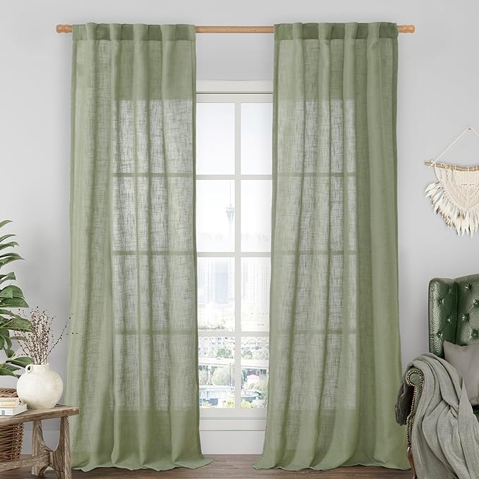 LAMIT Sage Green Linen Boho Curtains, 84 inch Length, 2 Panels, Light Filtering, Semi Sheer, Back Tab and Rod Pocket, Neutral Panels for Bedroom/Living Room, 34 x 84 Inch