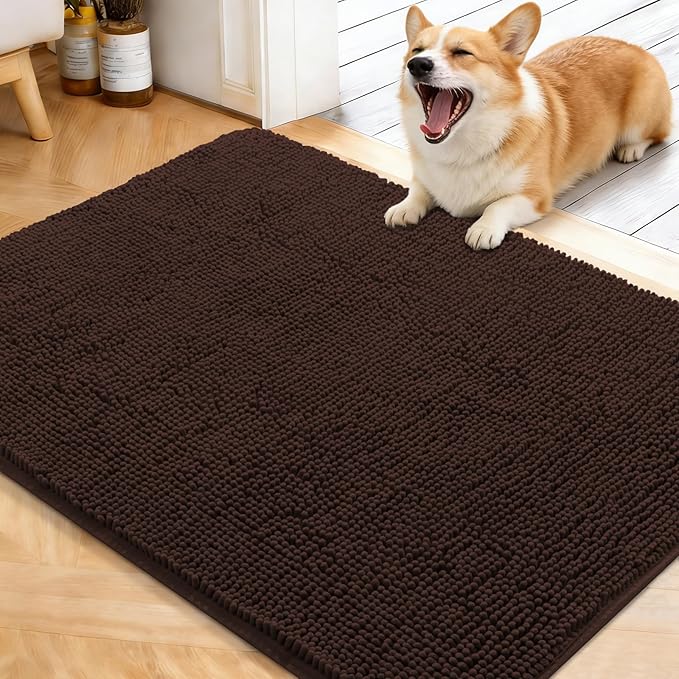 OLANLY Dog Door Mat for Muddy Paws 40x32, Absorbs Moisture and Dirt, Absorbent Non-Slip Washable Doormat, Quick Dry Chenille Mud Mat for Dogs, Entry Indoor Entryway Carpet for Inside Floor, Brown