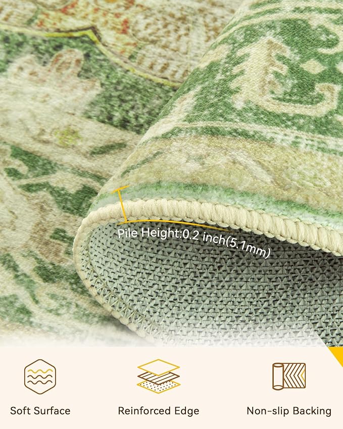 Area Rugs 8ft Washable Non-Slip, Floral Vintage Distress Print Pattern Medallion Carpet for Living Room Bedroom Dining Room, Sage Green Yellow
