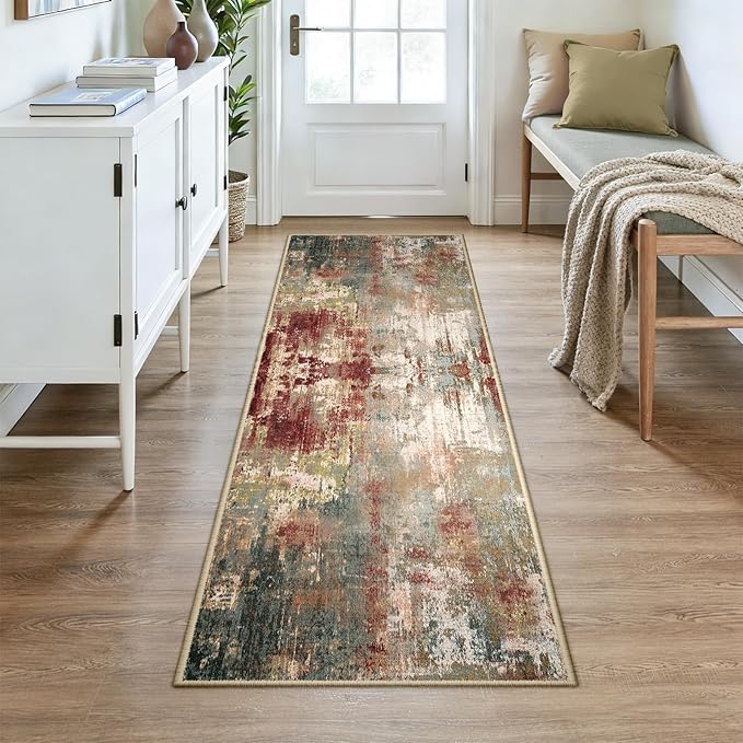 Washable Area Rugs 3x7 Non-Slip Modern Abstract Soft for Living Room Entryway Bedroom Nursery, Print Pattern, Brown Rust Red Green Blue Multi