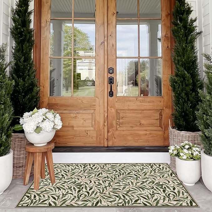 Boho Outdoor Rug - 28" x 43" Front Door Mat Indoor Outside Entrance Non-Slip Washable Outdoor Mat Spring Sage Green Leaf Rug for Entryway Kitchen Bedroom Layered Doormat for Front Porch