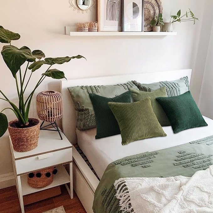 Topfinel Dark Green Euro Shams Decorative Throw Pillow Covers 22x22 Inch Set of 4,Soft Corduroy Striped Gradient Color Large Cushion Cover for Beach,Patio,Balcony,Living Room,Summer Home Decor