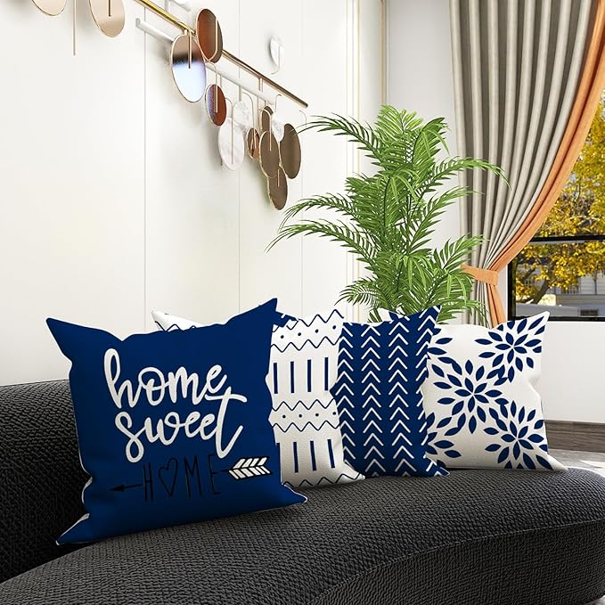 YCOLL Pillow Covers 16x16 Set of 4, Modern Sofa Throw Pillow Cover, Decorative Outdoor Linen Fabric Pillow Case for Chair Sofa Couch Bed Car, Dark Blue