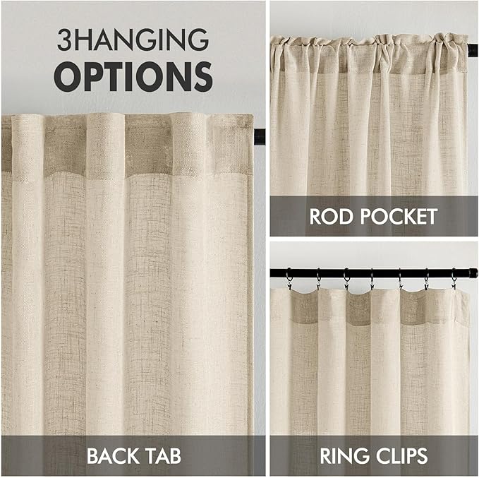 MIULEE Linen Curtains 54 Inch Length 2 Panels for Bedroom Living Room, Soft Thick Linen Textured Back Tab Short Window Drapes Semi Sheer Light Filtering Rod Pocket Modern Farmhouse Decor