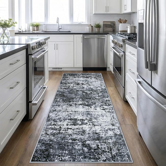 2.6'x8' Runner Rug Washable Rug;Modern Abstract Soft Thin Runner Rug Black