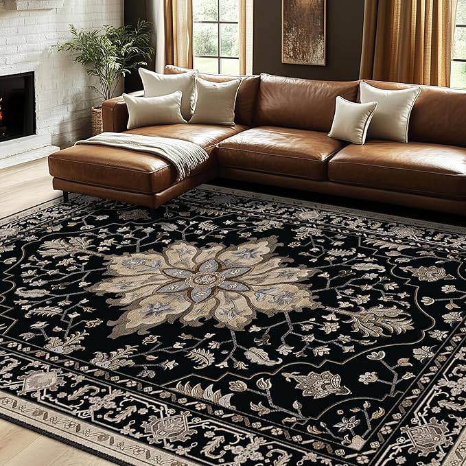 RELEANY Area Rugs 7'x10' Washable Non-Slip, Floral Vintage Distress Print Pattern Medallion Carpet for Living Room Bedroom Dining Room, Black Brown Neutral Dark Tan
