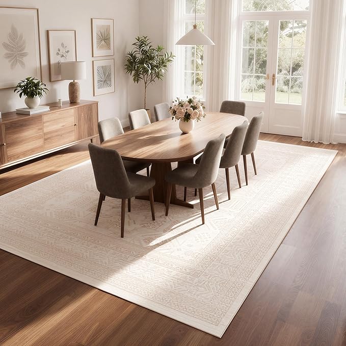 Washable Rugs 8x10 Area Rugs for Living Room- Large Vintage Rugs for Bedroom,Dining Room,Ultra Soft Low Pile Foldable Carpet with Non Slip Rubber Backing,Neutral Accent Rug(Light Brown)