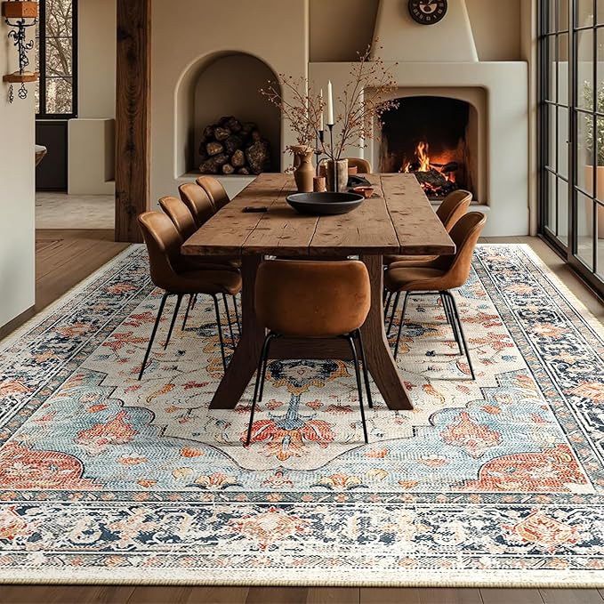 Area Rugs 10'x12' Washable Non-Slip, Floral Vintage Distress Print Pattern Medallion Carpet for Living Room Bedroom Dining Room, Beige Navy Blue Orange Colorful