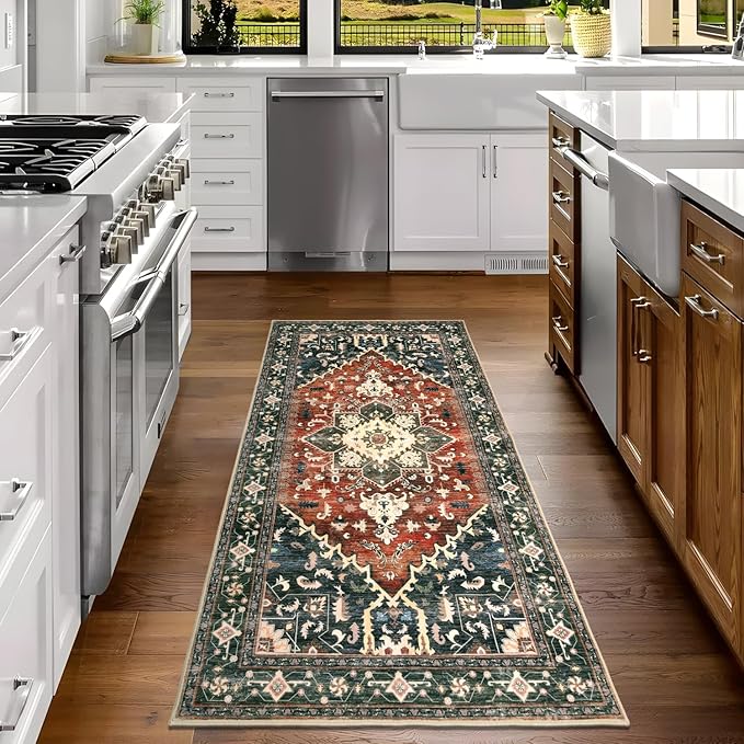 Yamaziot Washable Runner Rug, 3x6 Non-Slip Boho Vintage Hallway Rug with Rubber Backing, Low Pile Faux Wool Distressed Carpet Runner for Bedroom, Kitchen, Laundry, Entrance