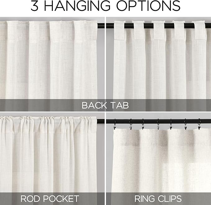 Nanspring Beige White Linen Curtains 96 Inches Long 2 Panels Set for Living Room Bedroom Back Tab Rod Pocket Semi Sheer Light Filtering Drape for Bedroom Home Decor Protect Privacy 52x96