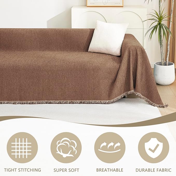 MYSKY HOME Couch Covers for 2 Cushion Couch Sectional Sofa, L Shape Sofa Protector Camel Chenille Couch Cover, Sofa Covers Washable Blanket with Tassel Pet Couch Cushion Cover, 71"X102"
