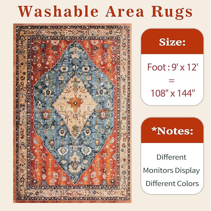 SERISSA Washable Rugs 9x12 Area Rugs, Large Non-Slip Boho Living Room Rug, Ultra Soft Vintage Print Distressed Oriental Tribal Farmhouse Carpet for Dining Room Bedroom Dorm Office Home Decor
