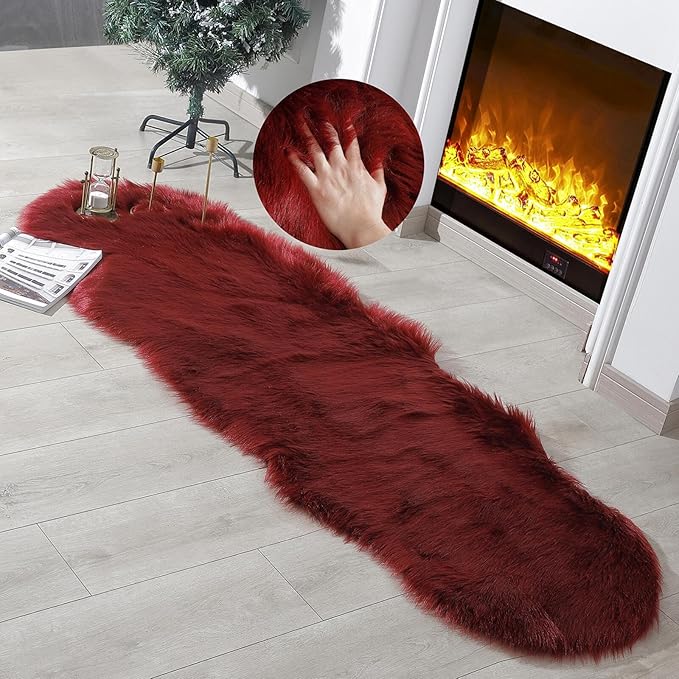 linmopm Faux Fur Rug Sheepskin Shag Fluffy Fuzzy Red 2x6 ft Runner Rugs for Bedroom Bedside Bed Floor Living Room Plush High-Density Cushion Carpet Super Sofa Cover
