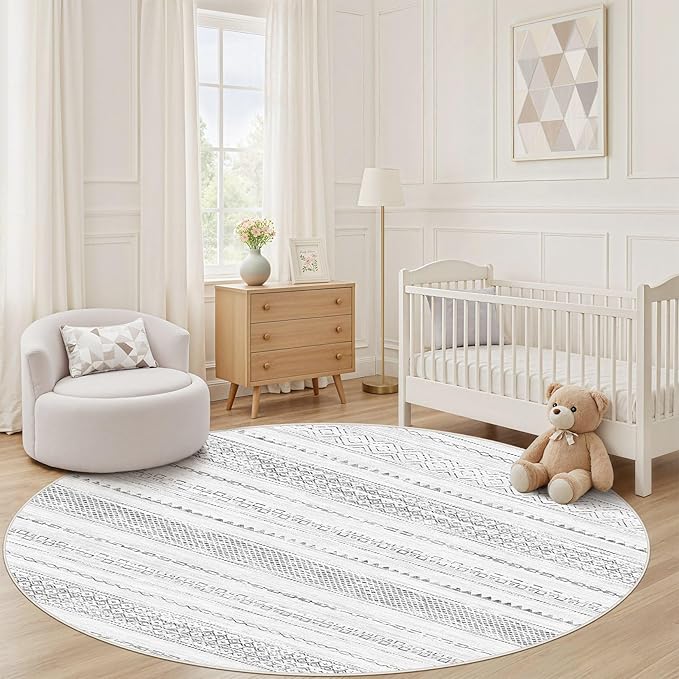 Nakagishi Area Rug Living Room Rugs: 4X4 Machine Washable Boho Large Neutral Farmhouse Stain Resistant Moroccan Indoor Floor Carpet for Bedroom Nursery Dorm Dining Room Home-Color Gray