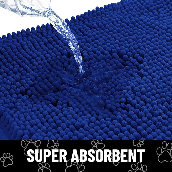 Smiry Dog Door Mat for Muddy Paws, Absorbent Dirt Trapper Non Slip Quick Dry Washable Chenille Mat for Mud Dogs, Entry Rug for Indoor and Outdoor (30x20 Inches, Royal Blue and White)