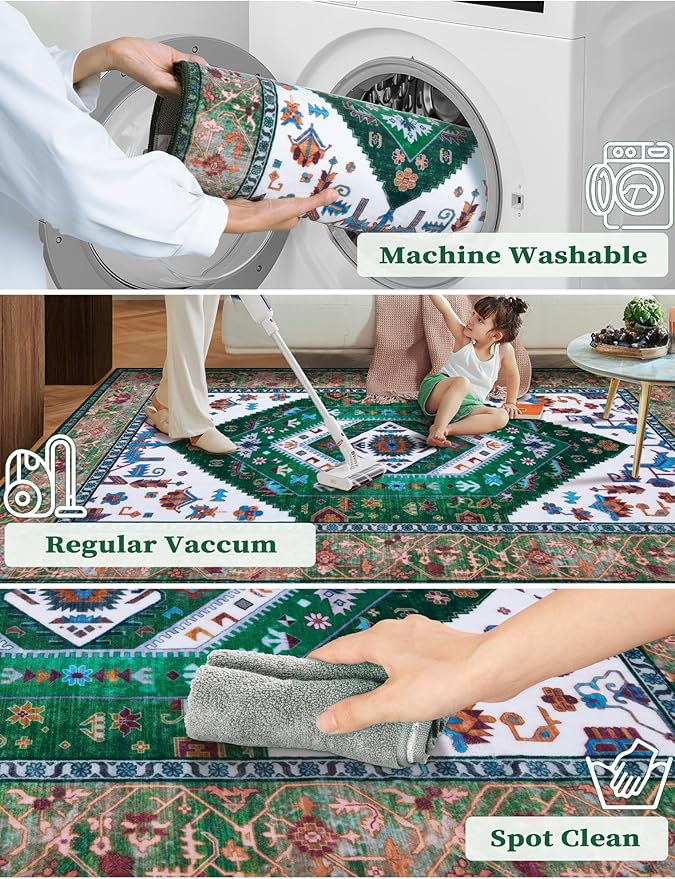 SERISSA Runner Rug for Hallways, 2'6"x14' Washable Non Slip Kitchen Runner Rug, Extra Long Boho Rug Ultra Soft Vintage Green White Print Floor Carpet for Bedroom Hallway Entryway Bathroom Laundry Room