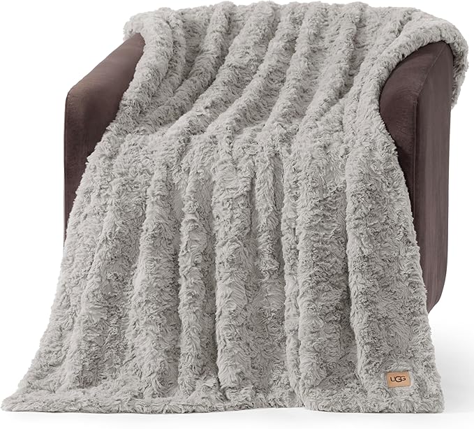 UGG Adalee Faux Fur Throw Blanket for Couch, Cozy Fuzzy Blanket for Chair or Bed, Easy Care Reversible Fluffy Throw, Luxury Home Decor, 50-inch x 70-inch, Seal Grey