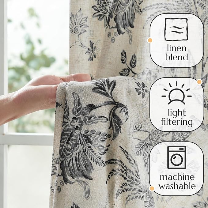 jinchan Linen Floral Curtains for Living Room with Printed Flower 63 Inches Long Light Filtering French Country Back Tab Rod Pocket Black Window Curtain Set Farmhouse Drapes 2 Panels Black