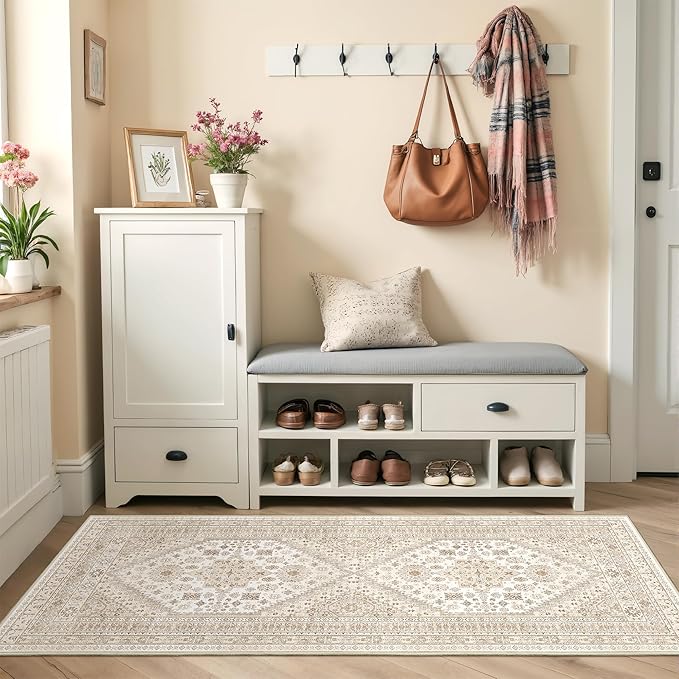 2x5 Rug Runner Washable for Entryway, Soft Bathroom Rugs with Non-Slip Backing,Vintage Low Pile Stair Runner, Small Kitchen Carpet for Hallways, Laundry Room(Cream/Beige,2'x5')