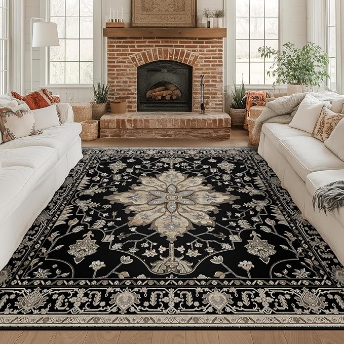 Area Rugs Square 8ft Washable Non-Slip, Floral Vintage Distress Print Pattern Medallion Carpet for Living Room Bedroom Dining Room, Black Brown Neutral Dark Tan
