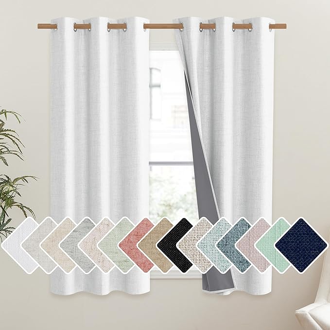 NICETOWN 100% Absolutely Blackout Linen Curtains with Thermal Insulated Liner, Greyish White, 42" Wide, 45" Length Energy Saving Curtains for Dining Room 2 Panels Set, Vertical Blinds