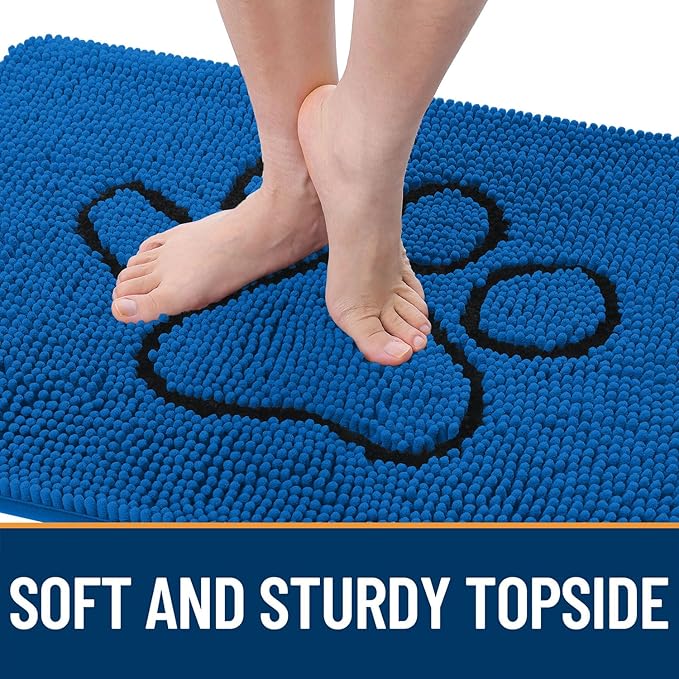 OLANLY Dog Door Mat for Muddy Paws 36x24, Paw Print Design, Absorbs Moisture and Dirt, Non-Slip Washable Doormat, Quick Dry Chenille Mud Mat for Dogs, Entry Indoor Entryway Carpet, Deep Navy Blue