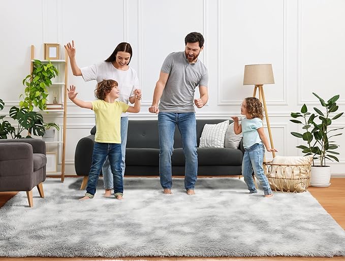 ONASAR Rugs for Living Room Bedroom, 5x8 Fluffy Tie-Dyed Light Grey Bedside Area Rug, Soft Plush Shaggy Floor Carpet for Nursery Kids Girls Boys Teen Dorm Home Office Decor Aesthetic