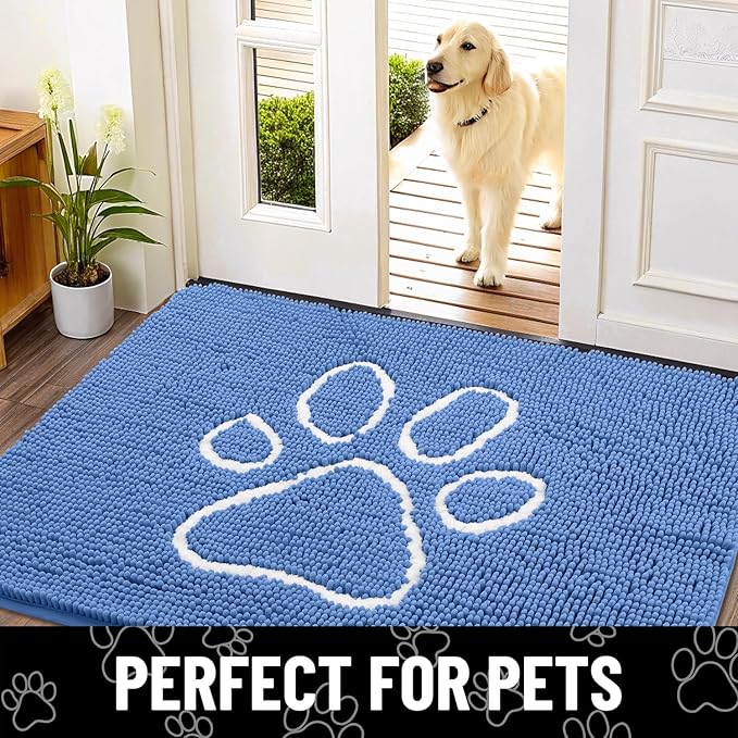 Smiry Dog Door Mat for Muddy Paws, Absorbent Dirt Trapper Non Slip Quick Dry Washable Chenille Mat for Mud Dogs, Entry Rug for Indoor and Outdoor (30x20 Inches, Cornflower Blue and White)