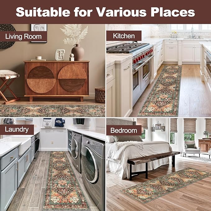 Yamaziot Washable Runner Rug, 2x8 Non-Slip Boho Vintage Hallway Rug Runner with Rubber Backing, Stain Resistant & Low Pile Faux Wool Distressed Carpet Runner for Bedroom, Kitchen, Laundry, Entrance