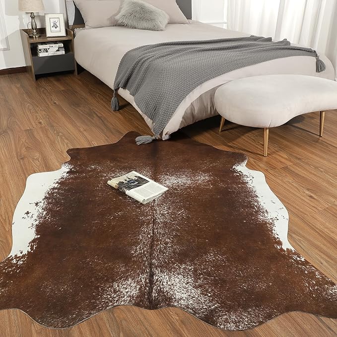 AROGAN Western Decor Faux Fur Cowhide Rug, Middle Size Premium Animal Skin Cow Hide Rug, Sturdy Cow Print Rugs for Wall Decor, Western Floor Carpet for Bedroom Living Room, Brown