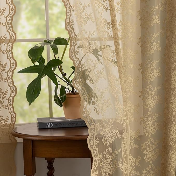 YJ YANJUN Vintage Lace Curtains 2 Panels Farmhouse Short Tan Sheer Curtains for Kitchen Bathroom Rustic Scalloped Half Drapes 45 inch Length Light Filtering W52 X L45,Taupe/Khaki