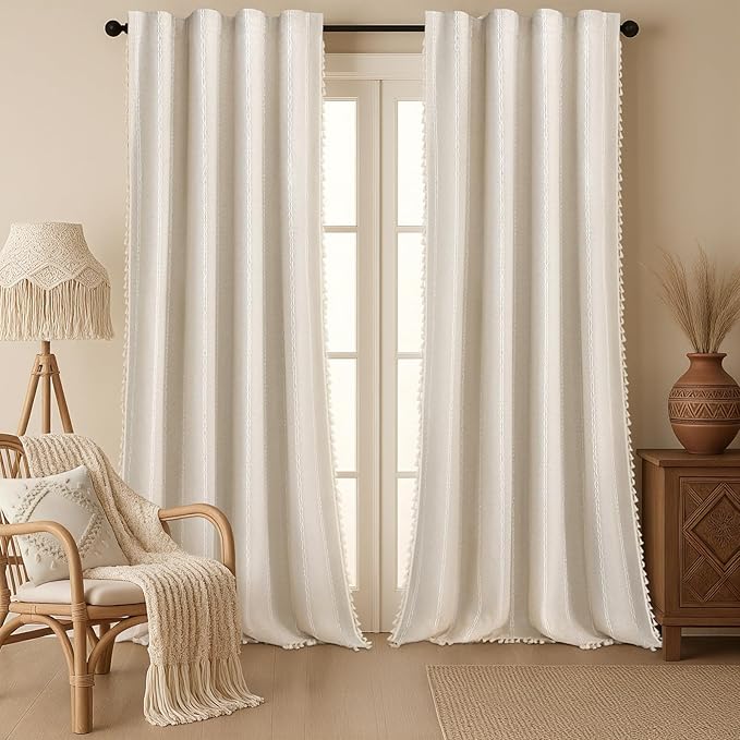 Boho Blackout Curtains 96 Inches Long Beige Linen Blend 2 Panels with Tassels and Cotton Embroidery, Farmhouse Vintage Rustic Rod Pocket Drapes for Living Room or Bedroom