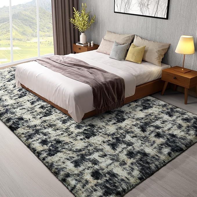 Ophanie Black Gold and Grey Area Rugs for Living Room 8x10, Fluffy Shag Large Fuzzy Plush Soft Carpets, Floor Shaggy Rugs for Bedroom, Carpet for Kids Boys Girls Dorm Nursery Home Decor Aesthetic