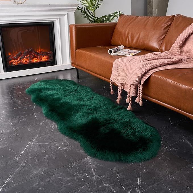 EasyJoy Ultra Soft Fluffy Shaggy Area Rug Faux Fur Rug Chair Cover Seat Pad Fuzzy Area Rug for Bedroom Floor Sofa Living Room (2 x 6 ft Sheepskin, Dark Green)