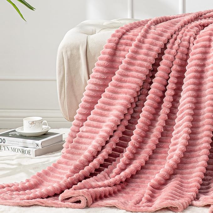 BEDELITE Fleece Blanket Queen Size – 3D Ribbed Jacquard Soft and Warm Decorative Fuzzy Blankets – Cozy, Fluffy, Plush Lightweight Throw Blankets for Couch, Bed, Sofa(Pink, 90x90 inches)