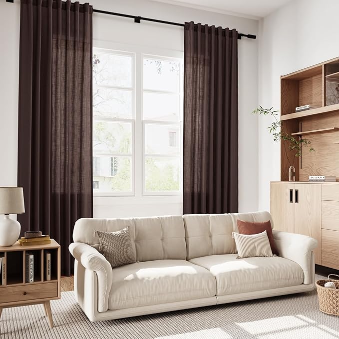 Coffee Brown Linen Curtains 90 inch Length for Living Room/Bedroom Textured Semi Sheer Linen Drapes Country Window Treatment Farmhouse Drop Cloth Curtain 90 inches for Dinning Room 2 Panels