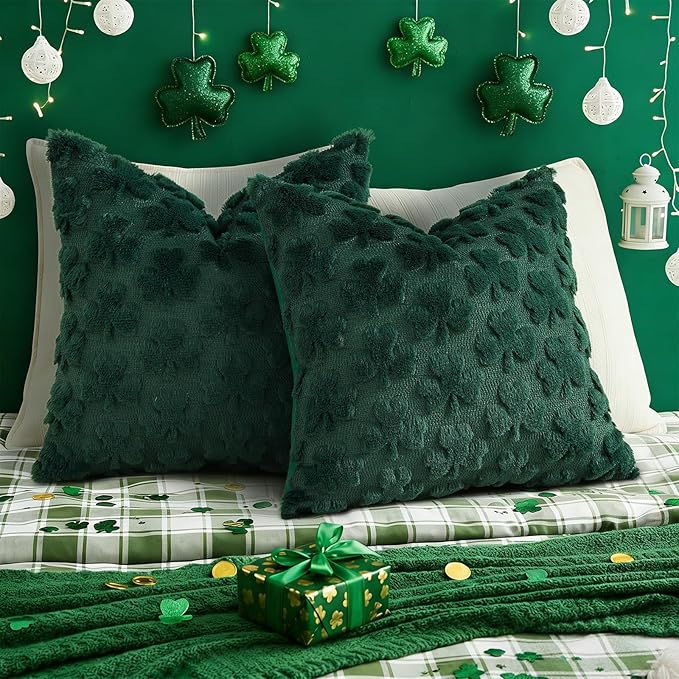 decorUhome St. Patrick’s Day Shamrock Green Pillow Covers 20x20 Inch Set of 2, Soft Plush Faux Wool Throw Pillow Covers, Farmhouse Spring Holiday Decor for Sofa Living Room
