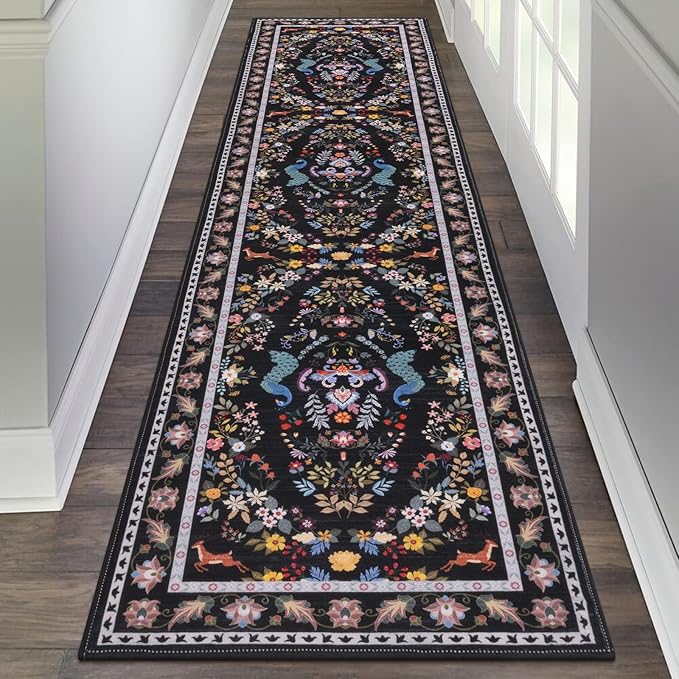 HEBE Washable Hallway Runner Rug 2'x 8' Non Slip Kitchen Rugs Runner,Low Pile Entryway Rug Laundry Room Mat Floral Carpet Runners for Hallways, Kitchen,Bathroom,Laundry,Bedside Rug