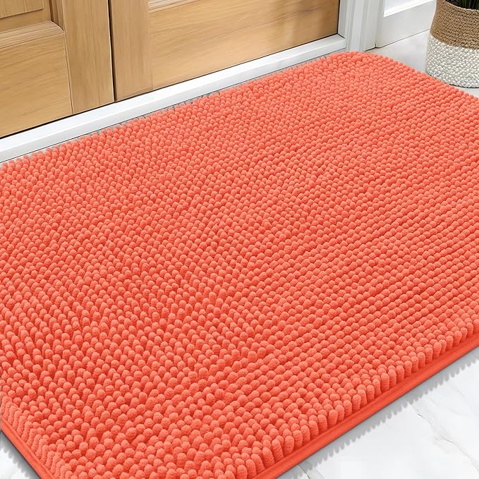 OLANLY Dog Door Mat for Muddy Paws 34x21, Absorbs Moisture and Dirt, Absorbent Non-Slip Washable Doormat, Quick Dry Chenille Mud Mat for Dogs, Entry Indoor Entryway Carpet for Inside Floor, Coral