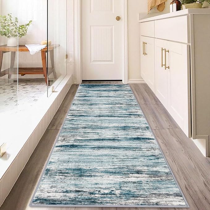 KOZYFLY Runner Rug 3x8 Modern Ombre Runners for Hallways, Washable Rugs for Bedroom Non-Slip Soft Stain Resistant Striped, Print Blue Abstract Carpet for Living/Laundry/Kid Room