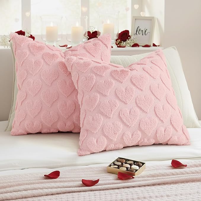 decorUhome Valentine’s Day Soft Plush Throw Pillow Covers 18x18 Inch Set of 2, Faux Fur Pink Heart Decoration Neutral Square Pillow Covers for Couch Sofa Bed Cozy Farmhouse Holiday Decor